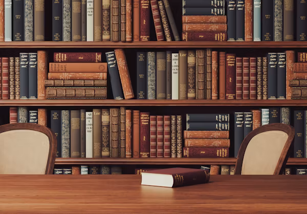 Rows of bound law reports on a library shelf